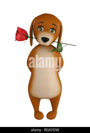 Cartoon valentines dog with a red rose in mouth, isolated on white background. 3d rendering Stock Photo