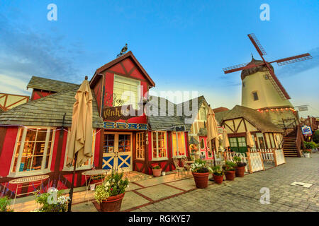 Solvang, California, United States - August 10, 2018: Solvang Danish Village typical architecture with old Windmill in Santa Ynez Valley, Santa Stock Photo