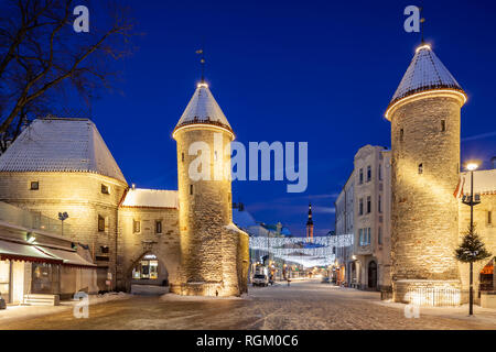 Winter night at Tallinn city walls, Estonia. Stock Photo