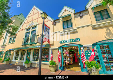 Solvang, California, United States - August 10, 2018: shop on main street at Danish village in a sunny day.Typical architecture of Solvang, famous Stock Photo