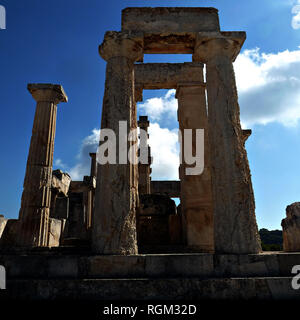 The temple of Aphaia stands on a pine-clad hill in northeast Aegina since the Mycenaean period, erected at approximately 500-490 BC. The temple is a D Stock Photo