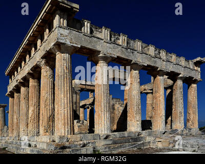 The temple of Aphaia stands on a pine-clad hill in northeast Aegina since the Mycenaean period, erected at approximately 500-490 BC. The temple is a D Stock Photo