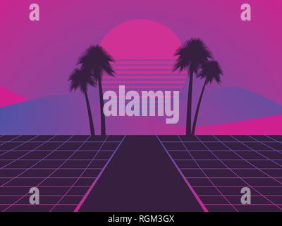 Retro futuristic landscape with palm trees. Neon sunset in the style of 80s. Synthwave retro background. Retrowave. Vector illustration Stock Vector
