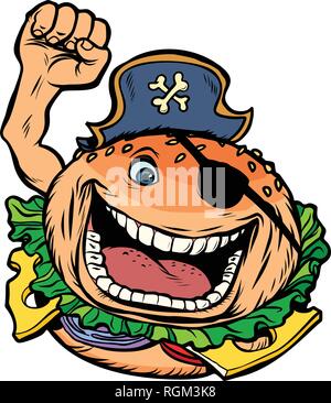 pirate party fast food Burger. Comic cartoon pop art retro vector illustration hand drawing Stock Vector