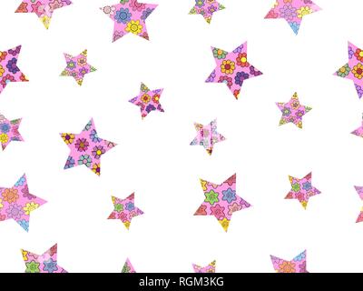 Seamless pattern made from abstract stars. Stars from different spring flowers. Isolated elements on a white background. Vector hand drawing illustrat Stock Vector