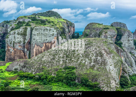 View at the mountains Pungo Andongo, Pedras Negras (black stones), huge geologic rock elements, in Malange, Angola Stock Photo