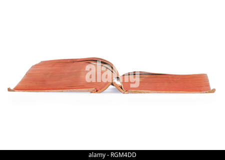 Large open vintage book side view. Isolated on white, clipping path included Stock Photo