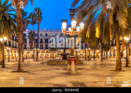 Night view of Placa Reial square or Plaza Real in the Gothic Quarter, Barcelona, Catalonia, Spain Stock Photo