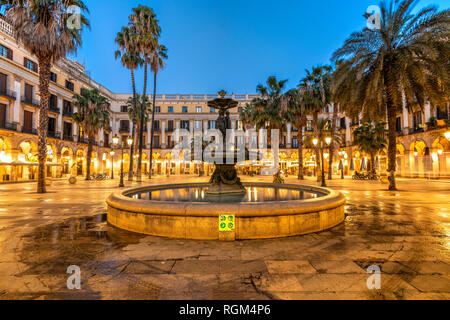Night view of Placa Reial square or Plaza Real in the Gothic Quarter, Barcelona, Catalonia, Spain Stock Photo