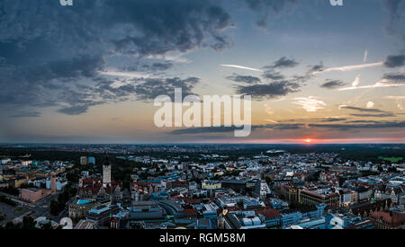 View over the Lepizig skyline at dusk from the Panorama Tower at the Augustus Platz Stock Photo