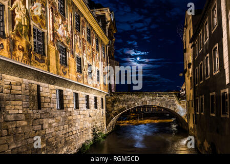 Altes Rathaus with a full moon and a blue night sky, Bamberg Old Town, Germany Stock Photo