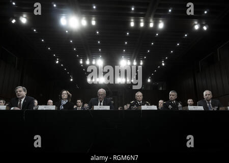 Washington, District of Columbia, USA. 29th Jan, 2019. Directors from the 6 major intelligence agencies testify before a Senate Intelligence hearing on Worldwide Threats in 2019 with FBI Director CHRISTOPHER WRAY; CIA Director GINA HASPEL; Director of National Intelligence DANIEL COATS; Defense Intelligence Agency Director General ROBERT ASHLEY; National Security Agency Director General PAUL NAKASONE; and National Geospatial-Intelligence Agency Director ROBERT CARDILLO Credit: Douglas Christian/ZUMA Wire/Alamy Live News Stock Photo