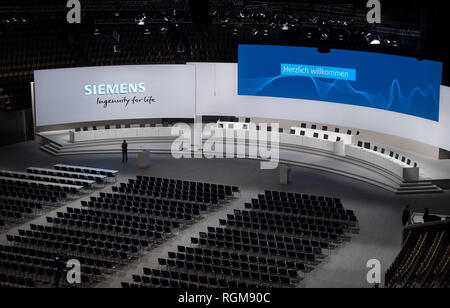 Munich, Germany. 30th January, 2019. The podium and seating for the Siemens Annual Shareholders' Meeting have been set up in the Olympic Hall. Photo: Sven Hoppe/dpa Credit: dpa picture alliance/Alamy Live News Stock Photo