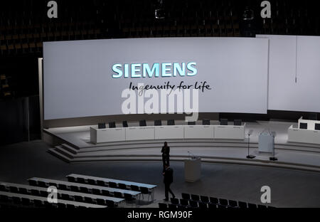 Munich, Germany. 30th January, 2019. The podium and seating for the Siemens Annual Shareholders' Meeting have been set up in the Olympic Hall. Photo: Sven Hoppe/dpa Credit: dpa picture alliance/Alamy Live News Stock Photo