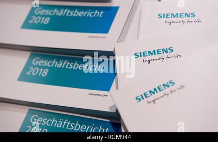 Munich, Germany. 30th January, 2019. Annual Reports 2018 of Siemens AG will be available in a press center in the Olympic Hall prior to the start of the Annual Shareholders' Meeting. Photo: Sven Hoppe/dpa Credit: dpa picture alliance/Alamy Live News Stock Photo