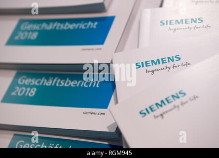 Munich, Germany. 30th January, 2019. Annual Reports 2018 of Siemens AG will be available in a press center in the Olympic Hall prior to the start of the Annual Shareholders' Meeting. Photo: Sven Hoppe/dpa Credit: dpa picture alliance/Alamy Live News Stock Photo