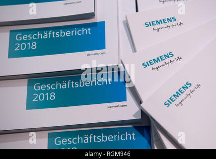 Munich, Germany. 30th January, 2019. Annual Reports 2018 of Siemens AG will be available in a press center in the Olympic Hall prior to the start of the Annual Shareholders' Meeting. Photo: Sven Hoppe/dpa Credit: dpa picture alliance/Alamy Live News Stock Photo