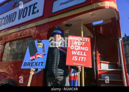 London, UK. 30th Jan, 2019. Pro Europe campaigner Steve Bray founder of SODEM (Stand of Defiance European Movement) demonstrates  with placards on a Red Routemaster bus outside Parliament as Members of Parliament prepare to Debate several amendments to delay Article 50 and prevent a No Deal Brexit Credit: amer ghazzal/Alamy Live News Stock Photo