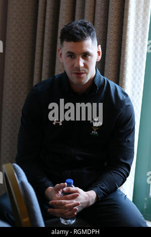 Tomos Williams, the Wales rugby player speaks to the media during the Wales rugby team press conference at the Vale Resort in Hensol, near Cardiff , South Wales on Wednesday 30th January 2019.  the team are preparing for their opening Guinness six nations 2019 rugby match .pic by Andrew Orchard/Andrew Orchard sports photography/Alamy Live News Stock Photo