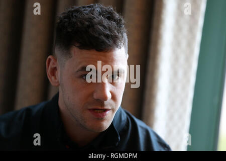 Tomos Williams, the Wales rugby player speaks to the media during the Wales rugby team press conference at the Vale Resort in Hensol, near Cardiff , South Wales on Wednesday 30th January 2019.  the team are preparing for their opening Guinness six nations 2019 rugby match .pic by Andrew Orchard/Andrew Orchard sports photography/Alamy Live News Stock Photo