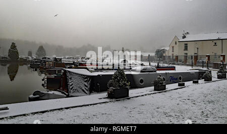 Crooke, Greater Manchester. 30th January 2019. A light covering of snow fell over North West England over night into 30.1.19. The boats moored in the marina at the former coal mining village of Crooke near Wigan in Greater Manchester got a covering; while the canal didn’t freeze the morning remained foggy and misty. Credit: Colin Wareing/Alamy Live News Cw 6582 Stock Photo