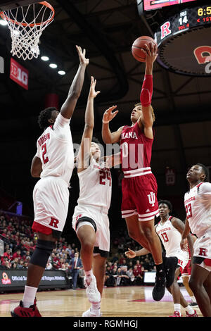 Piscataway, New Jersey, USA. 30th Jan, 2019. Indiana Hoosiers guard ROMEO LANGFORD (0) drives to the basket against Rutgers Scarlet Knights center SHAQUILLE DOORSON (2) and Rutgers Scarlet Knights forward RON HARPER JR. (24) in a game at the Rutgers Athletic Center. Credit: Joel Plummer/ZUMA Wire/Alamy Live News Stock Photo