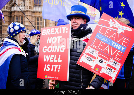 Anti-Brexit activist Steve Bray demonstrates outside the Houses of Parliament in central London. In the Commons, on a day of significant parliamentary activity over Brexit, MPs voted down a cross-party amendment tabled by Labour Party MP Yvette Cooper and Conservative Party MP Nick Boles designed to substantially reduce the risk of a much-feared 'no-deal' exit from the EU. An amendment rejecting the principle of a no-deal exit was meanwhile approved, as was a government-backed amendment championed by Conservative Party MP Graham Brady calling for 'alternative arrangements' to take the place of Stock Photo