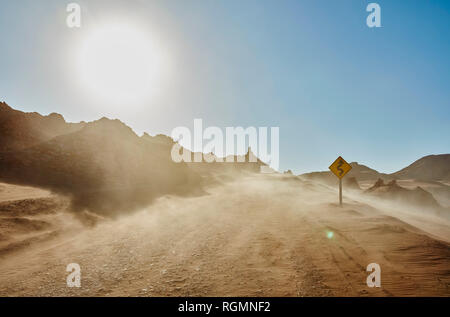 Chile, Valle de la Luna, San Pedro de Atacama, sand track in sandstorm Stock Photo