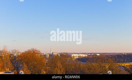 Washington DC panorama in winter near Potomac River waterfront, USA. US capital landmarks in city landscape at sunset. Stock Photo