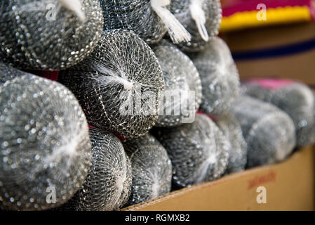 Steel wool in packing in a warehouse, sell-out Stock Photo