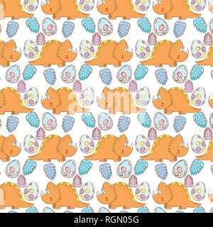 cute triceratops and eggs pattern Stock Vector