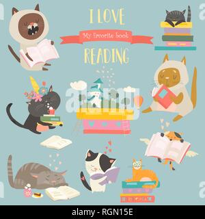 Funny cartoon cats reading books. Vector set Stock Vector