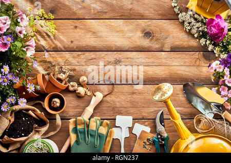 Garden season concept image of flowers and gardening equipment arranged as a frame around wooden surface with lined copy space, viewed from above Stock Photo