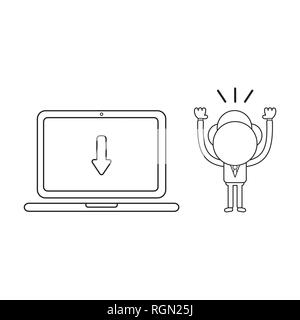 Vector illustration businessman character with laptop computer and arrow moving down. Black outline. Stock Vector