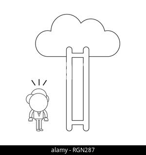 Vector illustration businessman character looking wooden ladder with missing steps to reach cloud. Black outline. Stock Vector