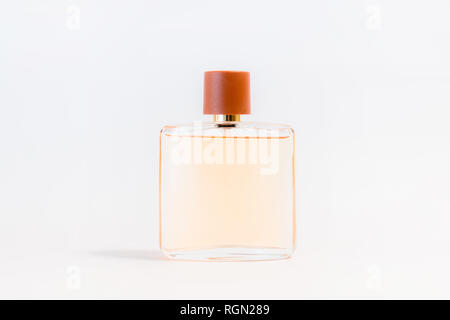 Luxury glass perfume bottle on white background. Copy space for text, blank bottle Stock Photo