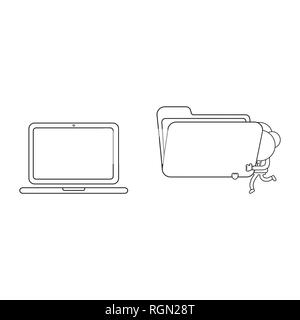 Vector illustration businessman character walking and carrying open file folder to laptop computer. Black outline. Stock Vector