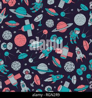 Hand drawn vector seamless pattern with cosmonauts, satelites, rockets, planets, moon, falling stars and  UFO contours. Colorful cosmic ornament on th Stock Vector