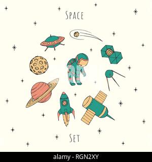 Hand drawn vector space elements: cosmonaut, satelites, rocket, planets, falling star and UFO. Colorful cosmos set in retro colors. Stock Vector