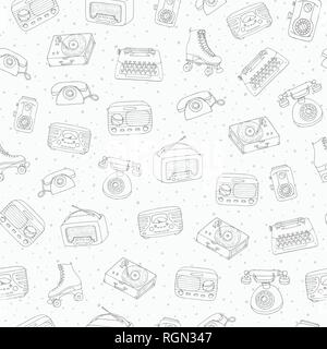 Hand drawn vector retro seamless pattern with antique tech, radio, typewriter, roller skates and vinyl  record player contours on the dotted backgroun Stock Vector
