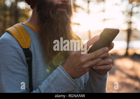Close-up of bearded man using cell phone on a hiking trip in a forest Stock Photo