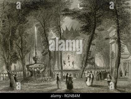 Reino Unido. Inglaterra. Jardines de Vauxhall (Vauxhall Gardens). Jardines de recreo para el entretenimiento público en Londres, desde mediados del siglo VII hasta mediados del siglo XIX. Se encontraban en Kennington, en la orilla meridional del Támesis. No fueron una parte urbanizada de Londres hasta el final de la existencia de los jardines a mediados del siglo XIX. Vista a la luz de la luna de los jardines, lugar de esparcimiento. Una exhibición acrobática en el escenario, una fuente y una multitud de visitantes elegantemente vestidos. Grabado por Charles Mottram (1809-1876) a partir de un  Stock Photo