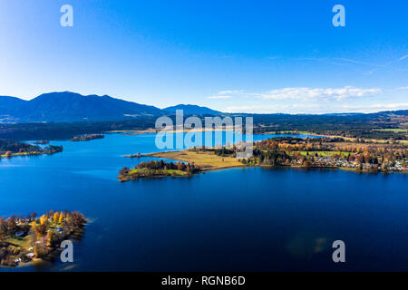 Germany, Bavaria, East Allgaeu, Garmisch-Partenkirchen district, Alpine Foreland, Aerial view of Staffelsee lake with islands Stock Photo