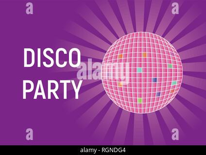 Disco party purple bright background. Disco ball with rays for flyer or poster design promo. Stock Vector
