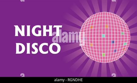 Disco ball with rays on purple background. NIGHT DISCO text. For flyer or poster design promo. Stock Vector