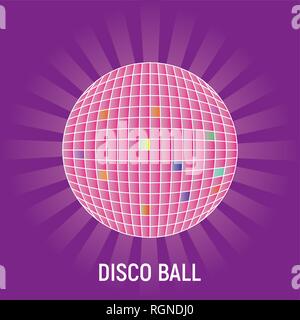 Disco ball with rays on purple background. Stock Vector