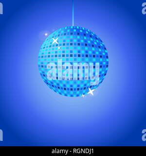 Blue disco ball with  glowing dots and lights on gradient blue background. Vector illustration. Stock Vector