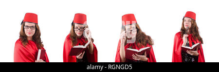 Woman wearing fez hat isolated on white Stock Photo