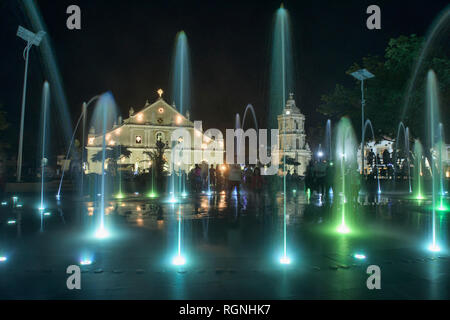 Magic fountain show at St. Paul Cathedral, Vigan, Ilocos Sur, Philippines Stock Photo