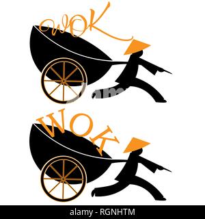 logo Chinese food delivery man running with the wok and wok on wheels Stock Vector